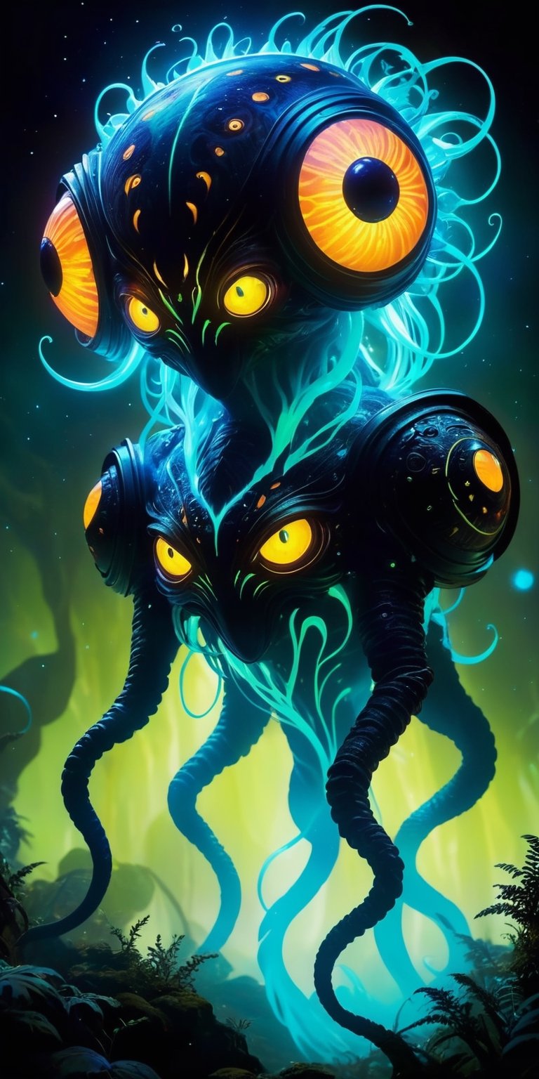 A creature with a body covered in bioluminescent markings that glow in the dark. It has a large, bulbous head with multiple eyes that can see in all directions, and it communicates with a series of clicks and whistles.
