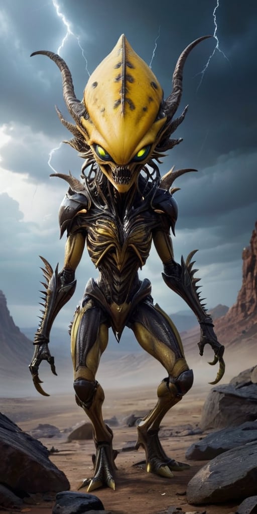 On a desolate, windswept alien landscape, a monstrous alien hybrid stalks its prey. Its body is covered in thick, leathery skin, with patches of armored plating providing additional protection. The creature moves on six powerful legs, each ending in razor-sharp claws that leave deep gouges in the rocky terrain. Its elongated head is adorned with multiple eyes that glow a menacing yellow, and its mouth is filled with rows of sharp, interlocking teeth. Along its back, a row of spiked ridges extends from its neck to its tail, which it uses to balance as it moves swiftly and silently. The alien sky is dark and stormy, with flashes of lightning illuminating the creature's terrifying form as it hunts, the wind carrying its low, guttural growls across the barren landscape.
