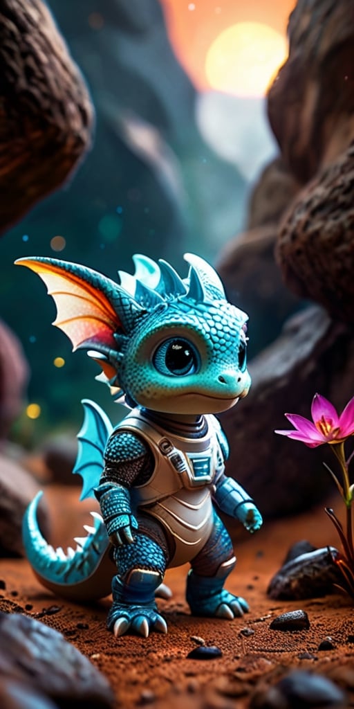 Space Adventure A baby dragon wearing a tiny spacesuit explores the surface of a mysterious planet. Behind it, a spaceship hovers, ready to take off. The dragon's curiosity is evident as it examines strange, glowing rocks and alien plants.