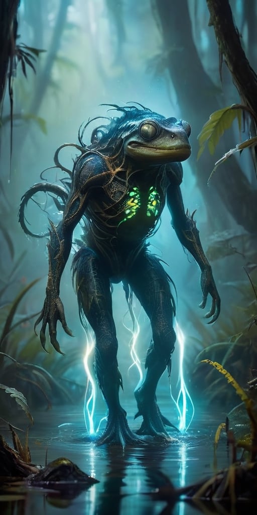 A monstrous, amphibious creature with bioluminescent markings emerges from a fog-shrouded swamp. Its webbed fingers leave glowing trails on the damp vegetation, and its croaking calls echo through the dense foliage, both a warning and a lure.
