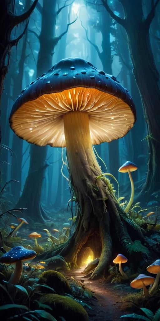  A dense, primeval forest bathed in the otherworldly light of a bioluminescent mushroom grove. The air hums with a strange energy, and the ground is carpeted with vibrant fungi of all shapes and sizes.A colossal, lumbering creature resembling a monstrous mushroom, its cap dotted with glowing spores. Glowing tendrils sprout from its body, reaching out to snare unsuspecting prey. A single, petrified animal lies at the monster's feet, its form frozen in a silent scream.,monster