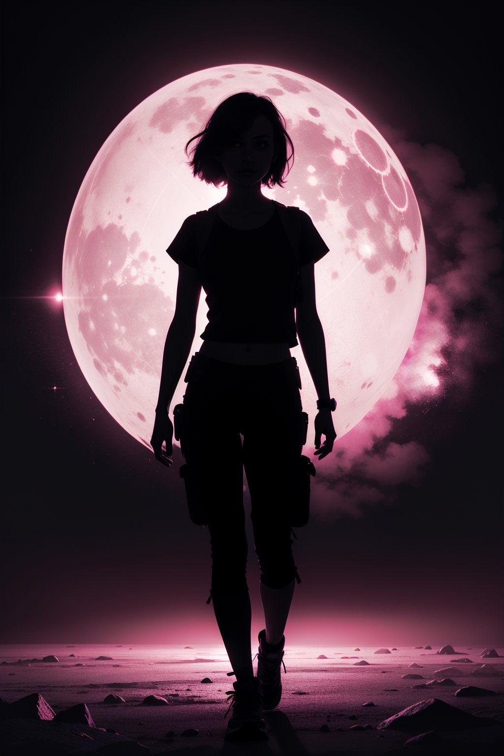 (silhouette:1.25),1girl,dark background,blacklight,mid shot,full body,somber expression,looking down,dark energy,vibrant magenta,portal to another world,flat color,flat shading,ultra realistic,highres,superb,8k wallpaper,extremely detailed,intricate,limited palette,pink,