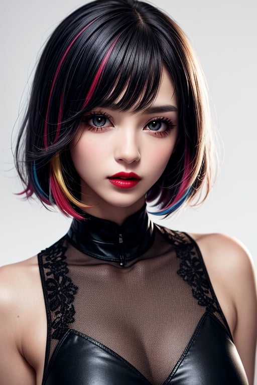 1girl, solo, upper body, looking at viewer, white background, bob cut, short hair, multicolored hair, makeup, parted lips, red lips, eyeliner,