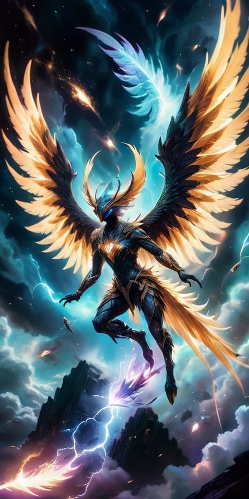  A pack of winged humanoids with shimmering feathers and razor-sharp talons soar through a celestial storm. Their forms crackle with electrical energy, and their eyes glow with an otherworldly power as they navigate the swirling clouds of gas and plasma.
