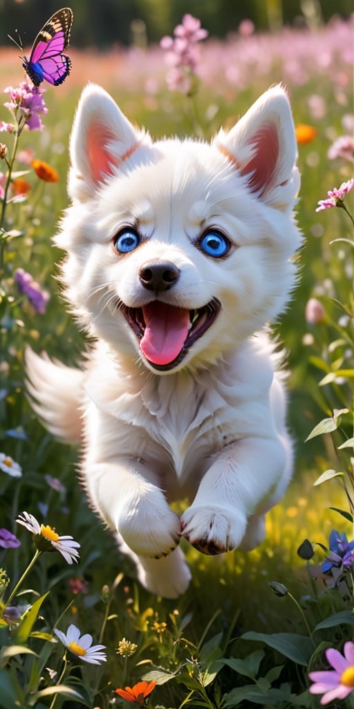 A husky puppy with piercing blue eyes and fluffy white fur, its playful energy boundless, bounds through a field of wildflowers, chasing a brightly colored butterfly. The puppy's pink tongue flops out in joyful exertion as it leaps and pounces, its soft fur catching the sunlight in a burst of white. The butterfly, with wings of vibrant orange and black, flits just out of reach, leading the energetic pup on a merry chase through the summer meadow.
