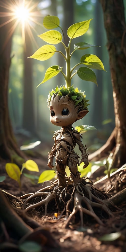 A baby treant sapling, no bigger than a sunflower, with leaves sprouting from its head and roots like tiny toes. Sunlight streams through the leaves, casting intricate shadows on the forest floor.
