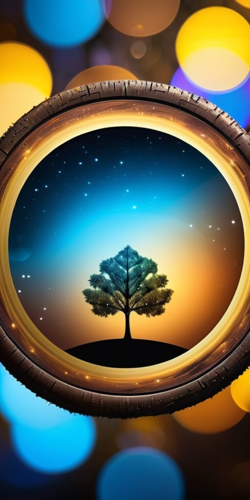 close up angal ((on the tree )) , (( blue brown yellow circle) , detailed focus, deep bokeh, beautiful, dreamy colors, black dark cosmic background. Visually delightful ,3D,more detail XL ,more detail XL