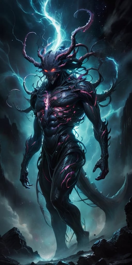 The Interdimensional Devourer From a rift between realities, a nightmarish being steps through. Its form is a twisted amalgamation of flesh and machinery, with tendrils of energy crackling around it. It emits a low, menacing hum that resonates with the very fabric of spacetime.
