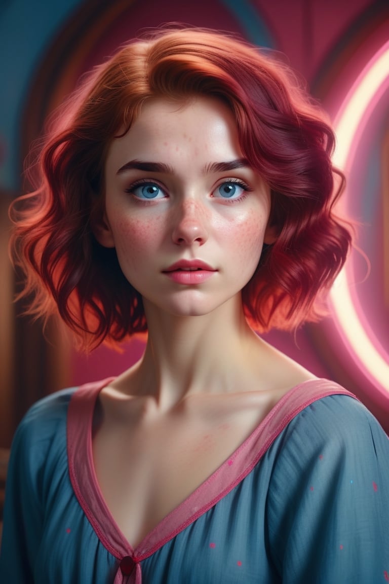 raw realistic potarait of beautiful girl , petite frame. Hair so blue and wavy falling just past her shoulders, surrounding a circular face with softness, light freckles on her nose, naturally arched red eyebrows over bright pink eyes that looked almost blue in some lights., indoor background grainy cinematic, godlyphoto r3al,detailmaster2,aesthetic portrait, cinematic colors, earthy , moody, look , grainy cinematic, fantasy vibes godlyphoto r3al,detailmaster2,aesthetic portrait, cinematic colors,more detail XL,oil paint 