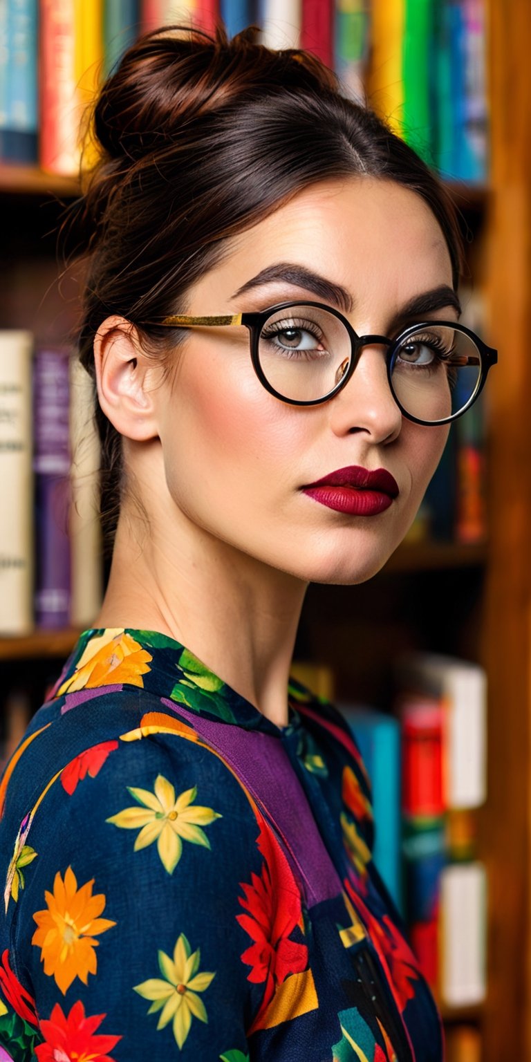 A close-up portrait of a woman with large, round glasses perched on her nose. Her eyes sparkle with intelligence and her lips are pursed in concentration. The background is a bookshelf overflowing with colorful books.
