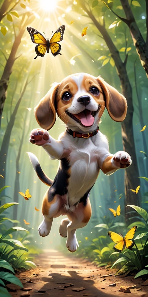 A beagle puppy, with its floppy ears and joyful expression, leaps through the air in an attempt to catch a bright yellow butterfly flitting just out of reach. The puppy's paws are outstretched, and its tail wags excitedly as it chases the butterfly through a sun-dappled forest.

