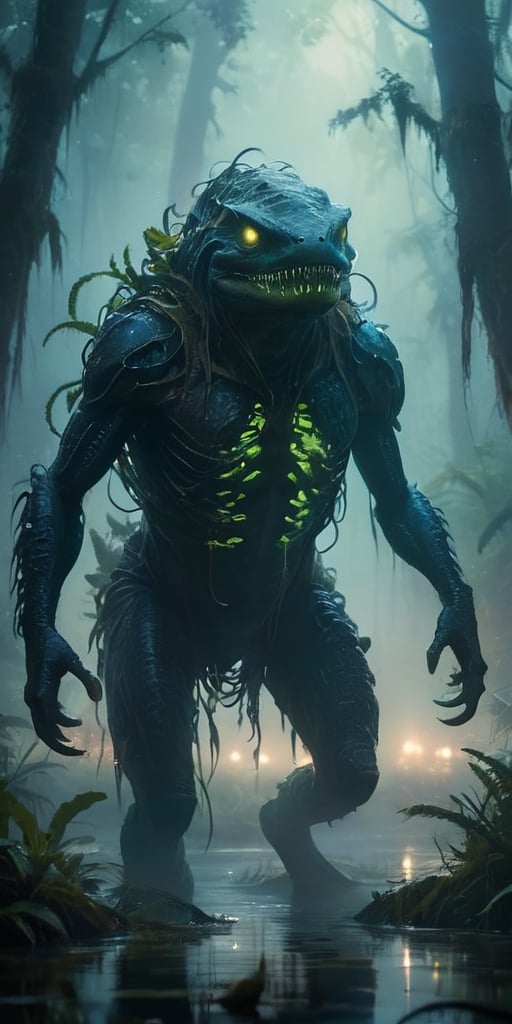 A monstrous, amphibious creature with bioluminescent markings emerges from a fog-shrouded swamp. Its webbed fingers leave glowing trails on the damp vegetation, and its croaking calls echo through the dense foliage, both a warning and a lure.
