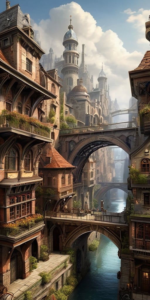 ((masterpiece)),((best quality)),((high detial)),((realistic,)) Industrial age city, deep canyons in the middle, architectural streets, bazaars, Bridges, rainy days, steampunk, European architecture 