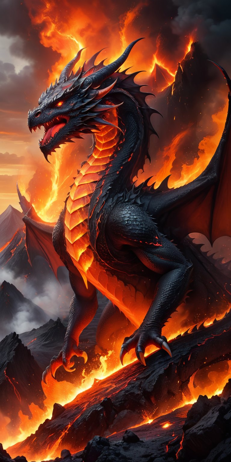 A fiery dragon with lava-red scales emerging from a volcano's mouth. The intense heat and molten rock accentuate its fierce beauty, while the smoke and ash create an aura of impending doom.
