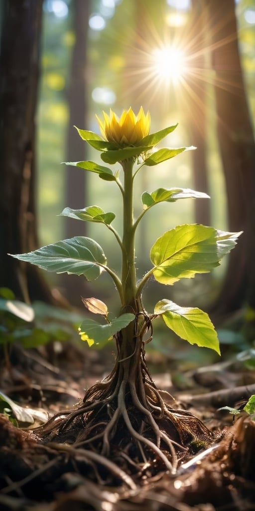 A baby treant sapling, no bigger than a sunflower, with leaves sprouting from its head and roots like tiny toes. Sunlight streams through the leaves, casting intricate shadows on the forest floor.
