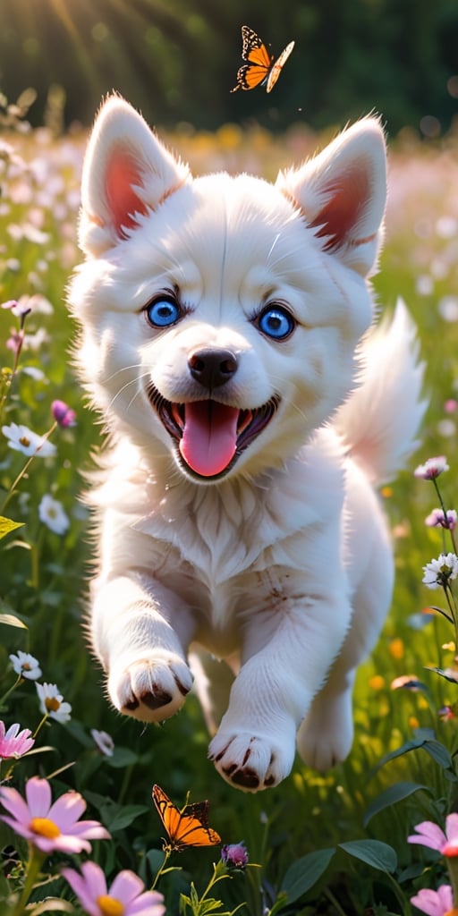 A Siberian husky puppy with piercing blue eyes and fluffy white fur, its playful energy boundless, bounds through a field of wildflowers, chasing a brightly colored butterfly. The puppy's pink tongue flops out in joyful exertion as it leaps and pounces, its soft fur catching the sunlight in a burst of white. The butterfly, with wings of vibrant orange and black, flits just out of reach, leading the energetic pup on a merry chase through the summer meadow.
