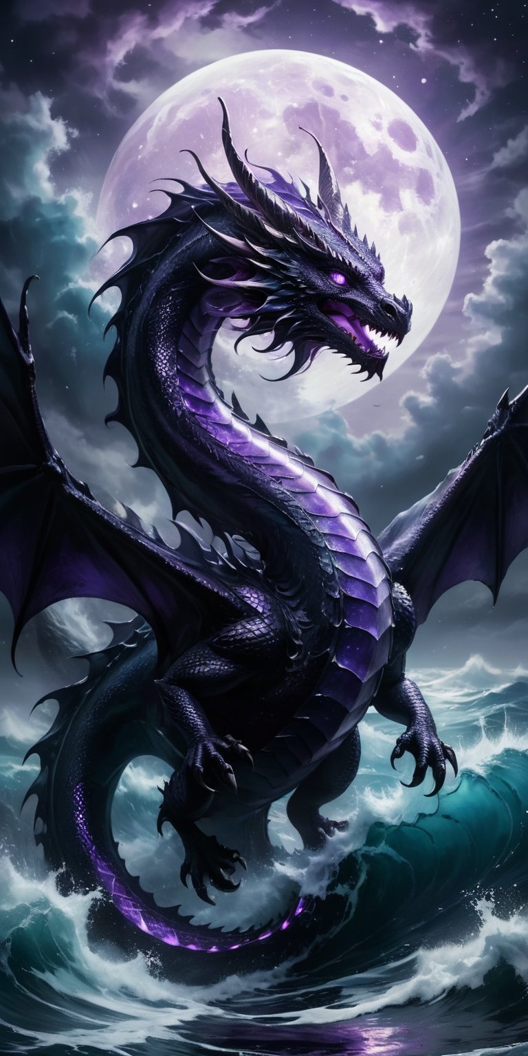 A dragon with shimmering amethyst scales gliding over a dark, turbulent sea. The moonlight catches on its scales, creating a dazzling display, while the turbulent waves and its fierce expression underscore its dangerous nature.
