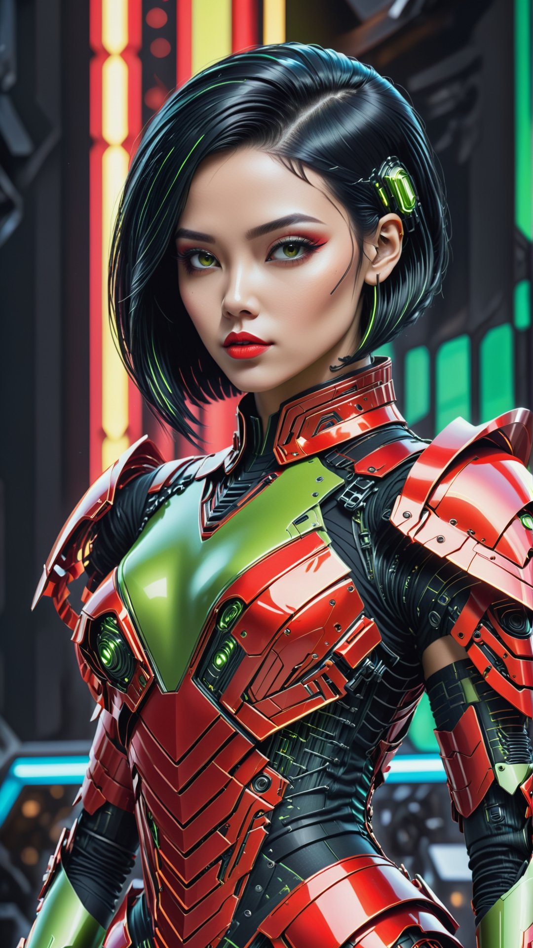 (Women wearing red
Neon green armoured dress), ( Angled bob style, black-hair) , (sci-fi background),Leonardo Style, illustration,vector art,DonMPl4sm4T3chXL ,cyborg style