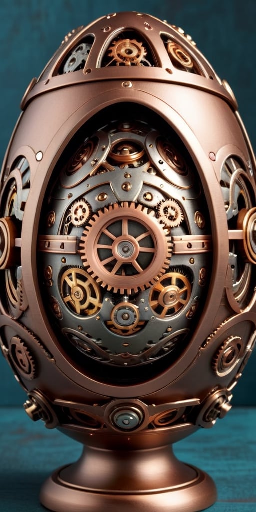 Generate an image of a steampunk-inspired Easter egg, featuring intricate metallic gears, cogs, and mechanical elements. The egg should have a vintage, industrial look, with a color palette of bronze, copper, and gold. Include intricate details and shading to give the egg a realistic, three-dimensional appearance."