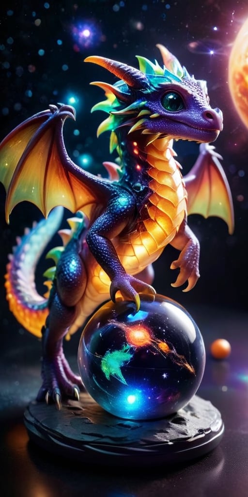 Galactic Playmate A baby dragon plays with a floating holographic projection of the solar system, swatting at the miniature planets and stars. The holographic lights cast a soft glow on its scales, making it look like a creature born of the stars themselves.