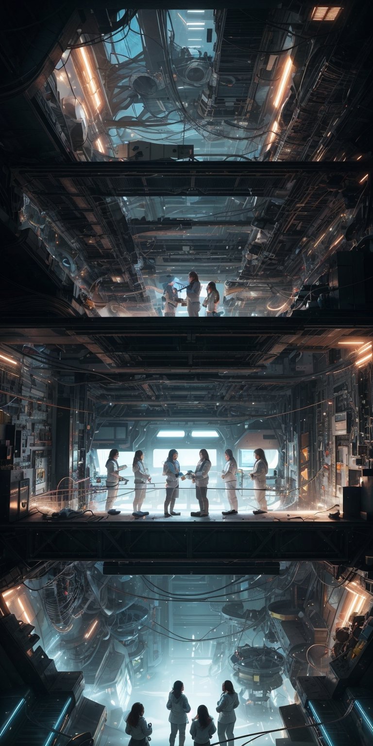 A diverse group of women scientists huddle around a console, their lab a symphony of futuristic equipment and glowing displays. The air crackles with excitement as they collaborate on a groundbreaking experiment, their shared passion and intellect fueling their quest to push the boundaries of human knowledge and innovation.
 
