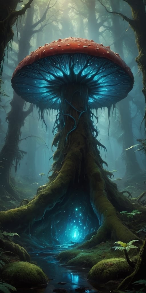  A dense, primeval forest bathed in the otherworldly light of a bioluminescent mushroom grove. The air hums with a strange energy, and the ground is carpeted with vibrant fungi of all shapes and sizes.A colossal, lumbering creature resembling a monstrous mushroom, its cap dotted with glowing spores. Glowing tendrils sprout from its body, reaching out to snare unsuspecting prey. A single, petrified animal lies at the monster's feet, its form frozen in a silent scream.