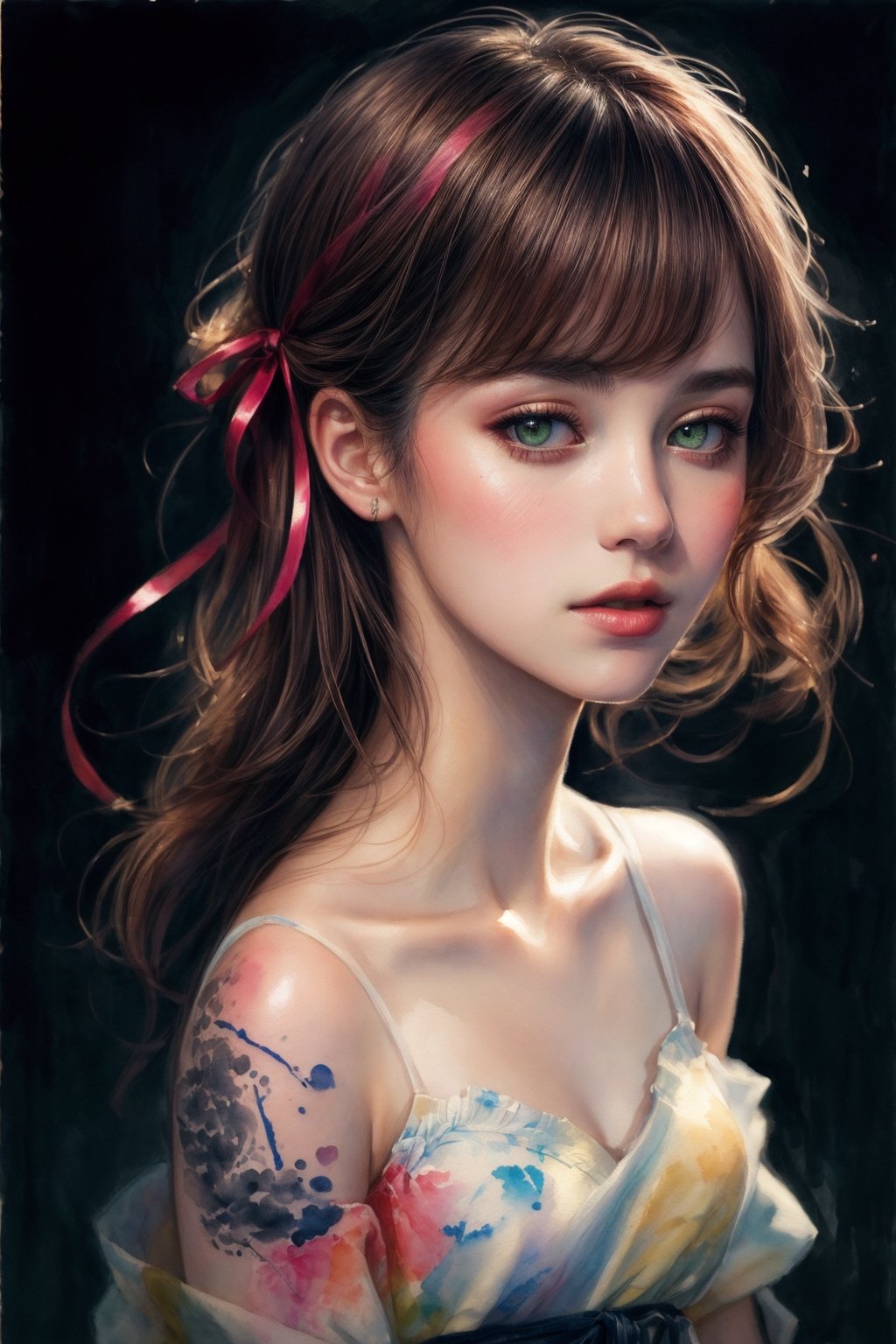 (8k, best quality, masterpiece:1.2),(best quality:1.0), (ultra highres:1.0), watercolor, a beautiful woman, shoulder, hair ribbons, by agnes cecile, half body portrait, extremely luminous bright design, pastel colors, (ink:1.3), autumn lights