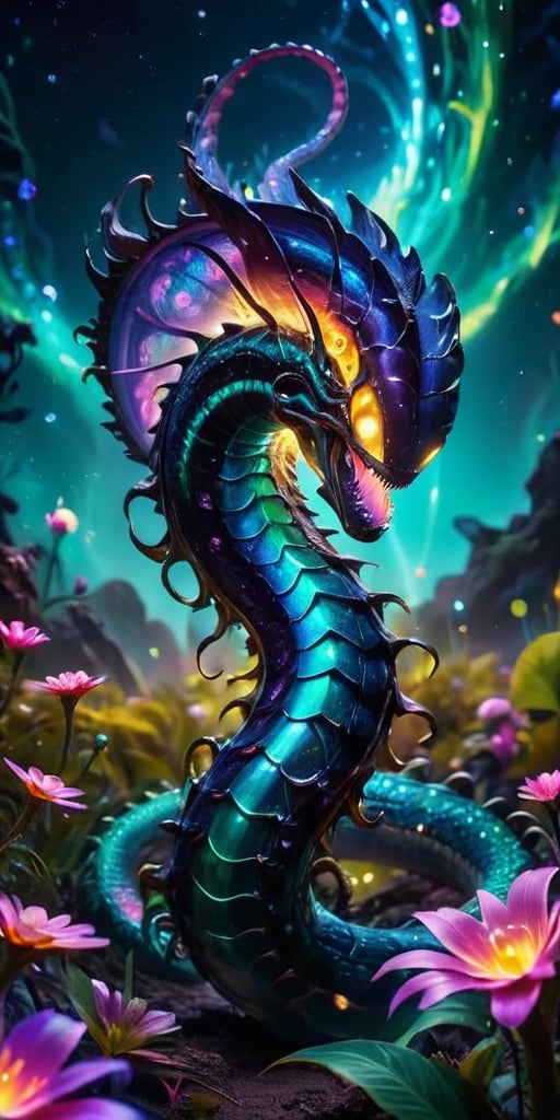 A colossal, serpentine creature with iridescent scales and glowing spines undulates through a field of bioluminescent flowers on an alien planet. Its forked tongue flickers as it samples the exotic flora, its bioluminescence pulsing in sync with the flowers' rhythmic glow.
