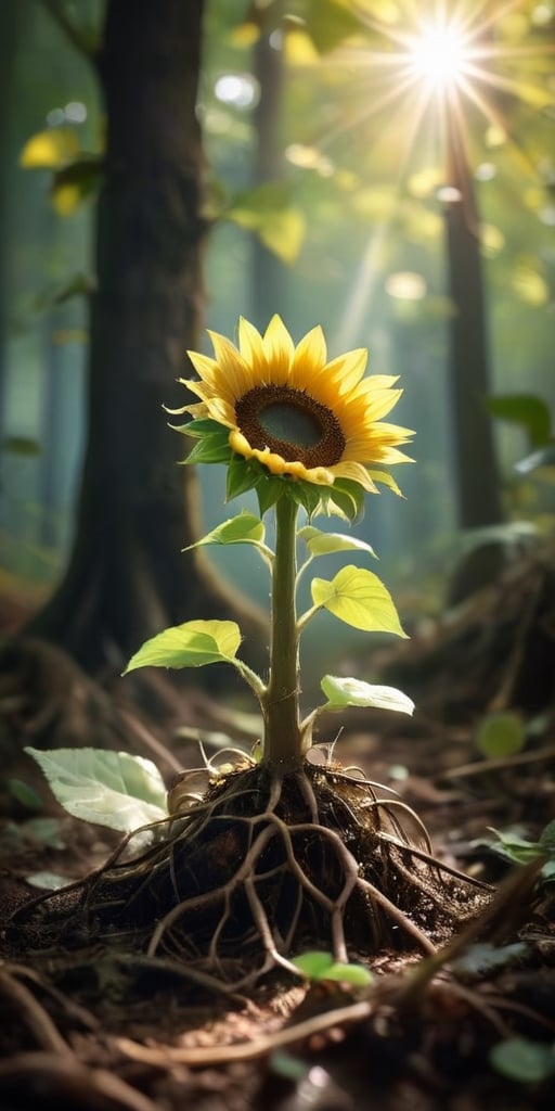 A baby treant sapling, no bigger than a sunflower, with leaves sprouting from its head and roots like tiny toes. Sunlight streams through the leaves, casting intricate shadows on the forest floor.
