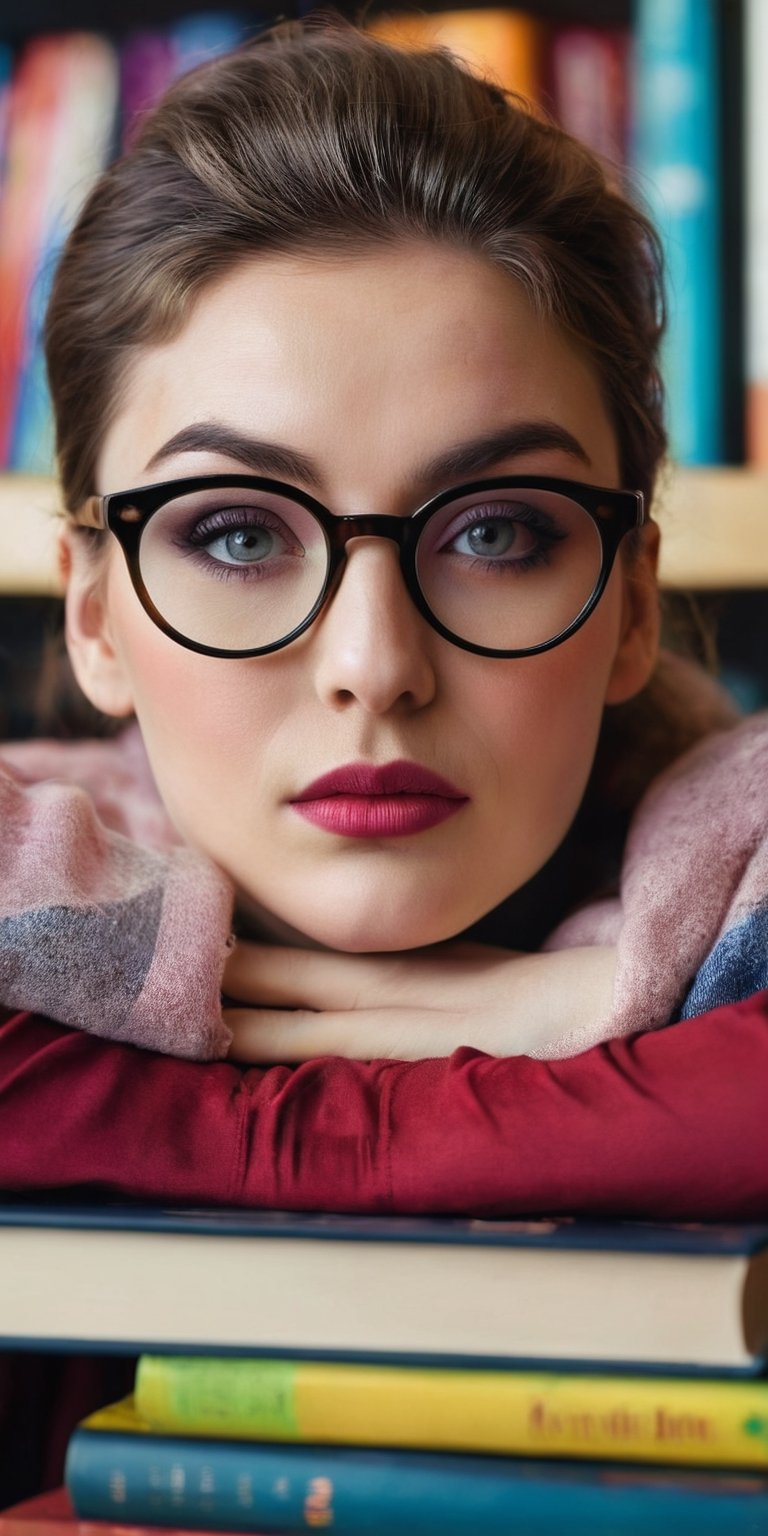 A close-up portrait of a woman with large, round glasses perched on her nose. Her eyes sparkle with intelligence and her lips are pursed in concentration. The background is a bookshelf overflowing with colorful books.
