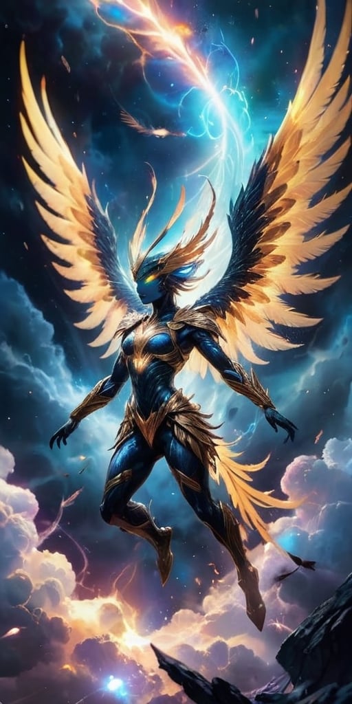  A pack of winged humanoids with shimmering feathers and razor-sharp talons soar through a celestial storm. Their forms crackle with electrical energy, and their eyes glow with an otherworldly power as they navigate the swirling clouds of gas and plasma.
