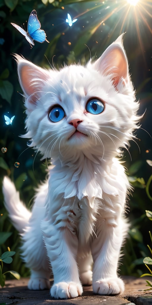 close-up portrait of a fluffy white kitten gazing upwards with wide, curious eyes. A butterfly with wings of iridescent blue flutters just above the kitten's head, its delicate form reflected in the kitten's shiny pupils. The image captures the innocence and wonder of the kitten as it experiences the beauty of the natural world.
 
