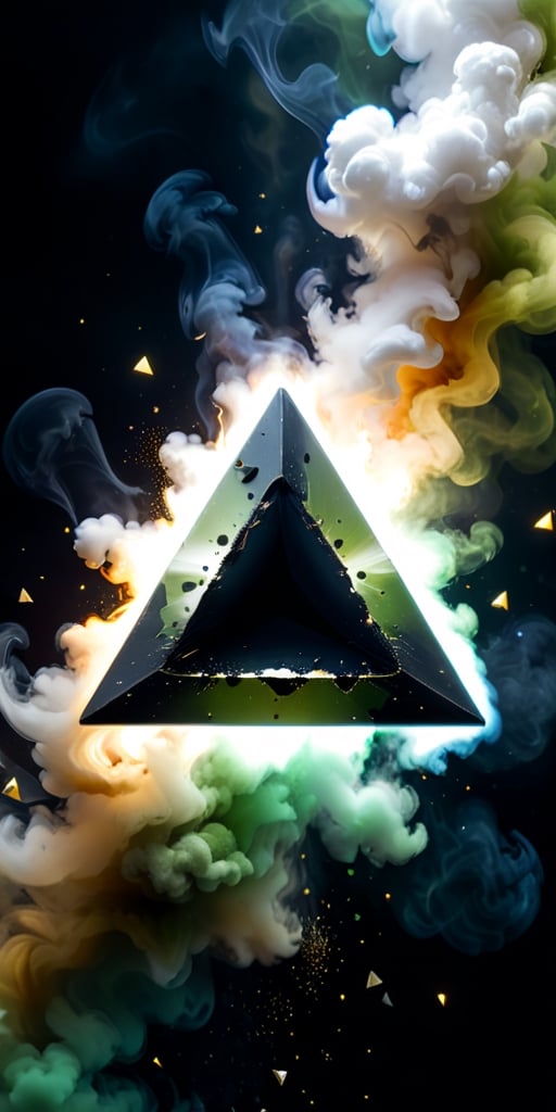 close up angle of (( on the smoke), (Olive Drab, black, white colour triangle dust),()detailed focus, deep bokeh, beautiful, , dark cosmic background. Visually delightful , 3D,ULTIMATE LOGO MAKER [XL],more detail XL