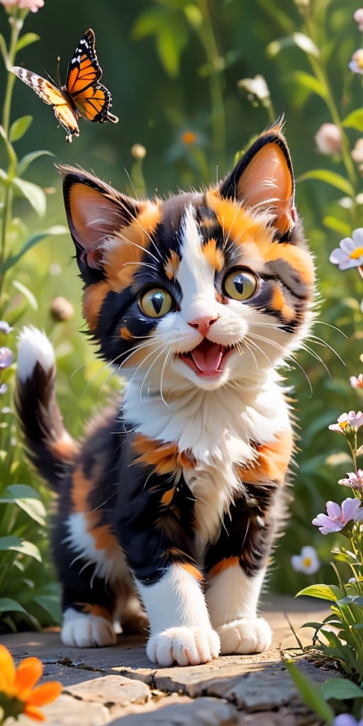 A playful scene of a calico kitten, its fur a patchwork of black, white, and orange, batting at a butterfly with its tiny paws. The butterfly, seemingly unfazed, flits around the kitten, leading it on a merry chase through a bed of blooming wildflowers. The image is a heartwarming portrayal of youthful curiosity and the joy of exploration.
