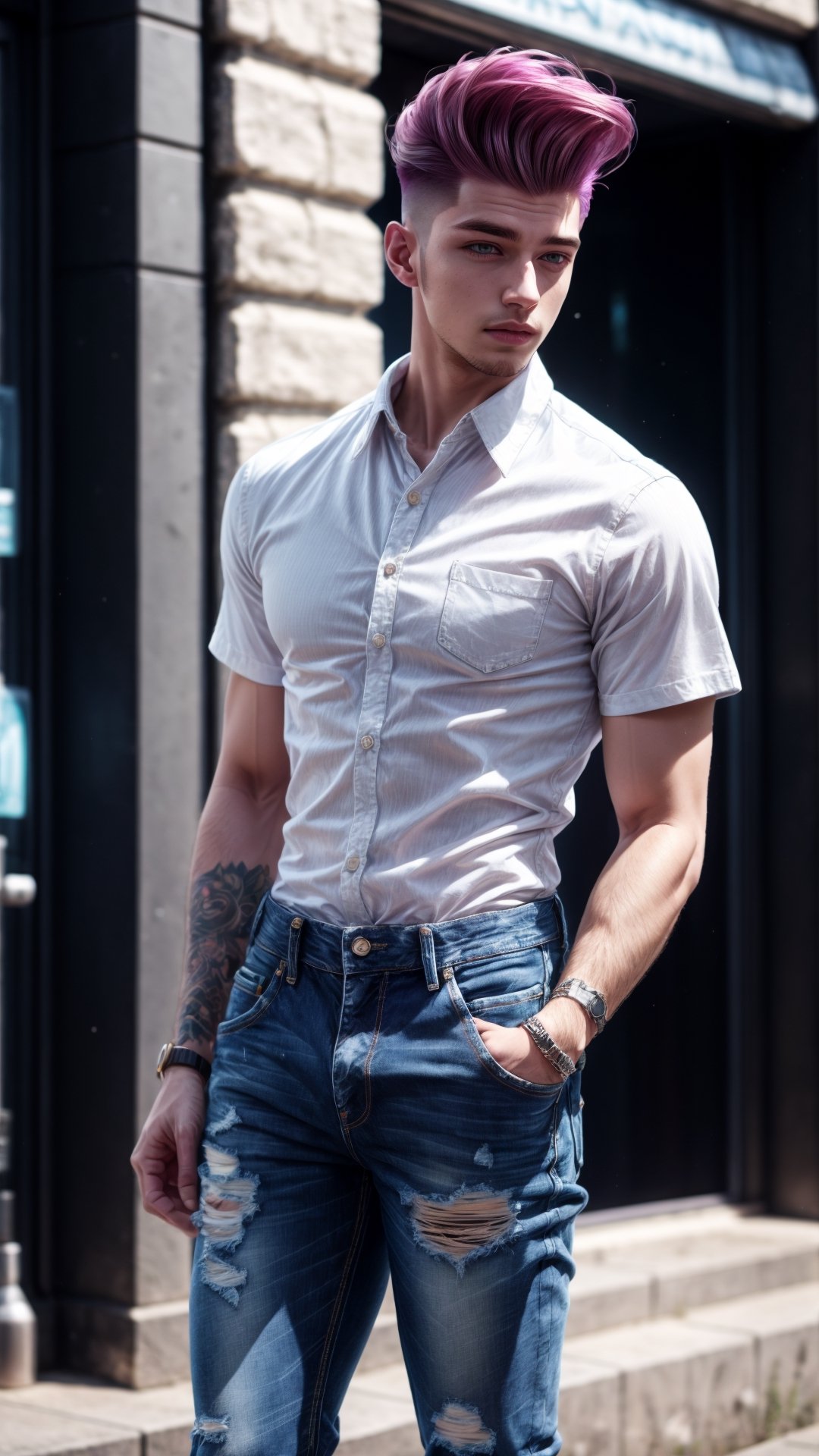 Male , (white shirt),(denim jeans pant),DonMC3l3st14l3xpl0r3rsXL, (Pompadour fade hair style )