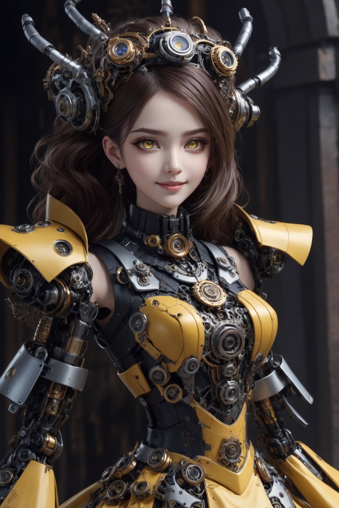 (masterpiece, top quality, best quality, official art, beautiful and aesthetic:1.2), (gothic_girl), light smile, yellow dress, intricate dress, highest detailed, zoom_out, perfect eyes, random hairstyle,mecha,HZ Steampunk,robot,cyborg style