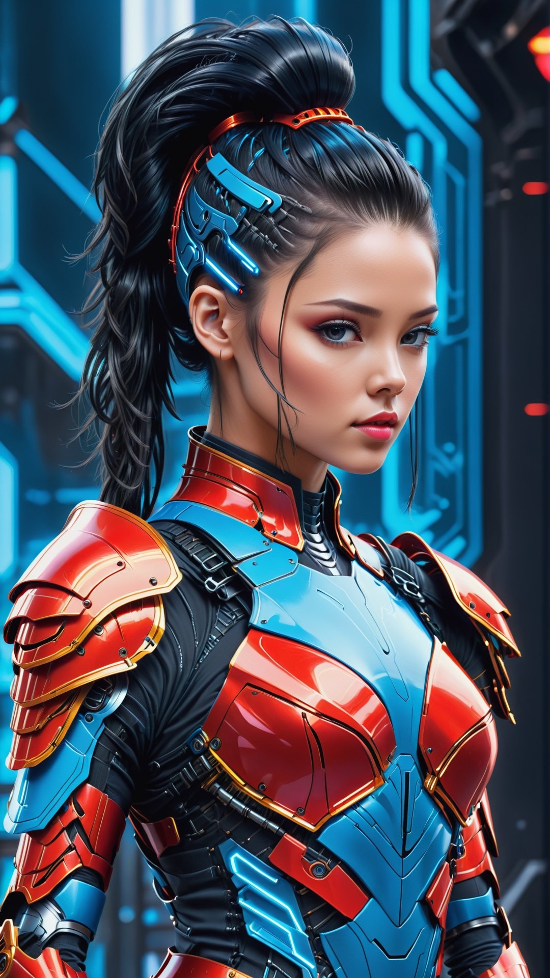 (Women wearing red
Neon Blue armour dress), ( Ponytail hair style, black-hair) , (sci-fi background),Leonardo Style, illustration,vector art,DonMPl4sm4T3chXL ,cyborg style