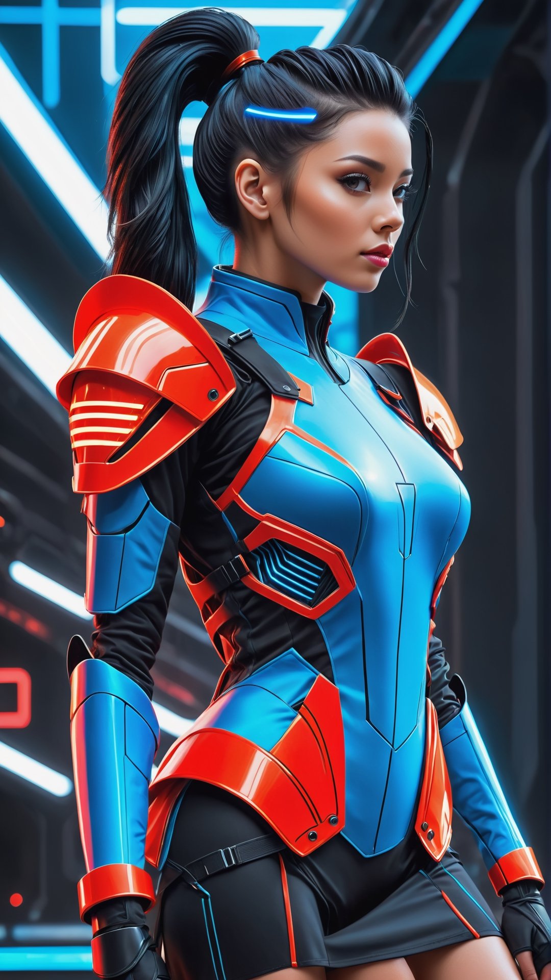 (Women wearing neon red
Neon Blue  sci-fi armour dress), ( Ponytail hair style, black-hair) , (sci-fi background),Leonardo Style, illustration,vector art,DonMPl4sm4T3chXL 