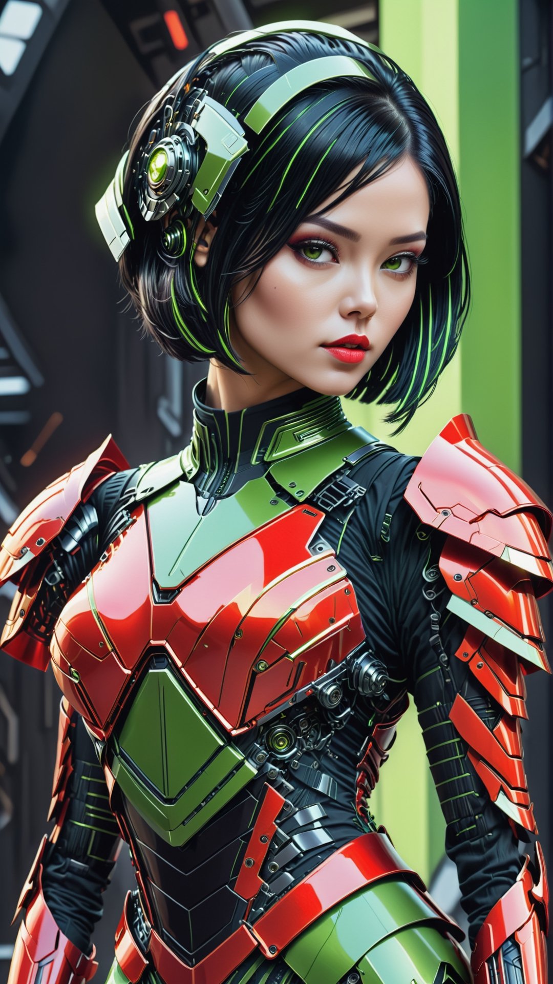 (Women wearing red
Neon green armoured dress), ( Angled bob style, black-hair) , (sci-fi background),Leonardo Style, illustration,vector art,DonMPl4sm4T3chXL ,cyborg style