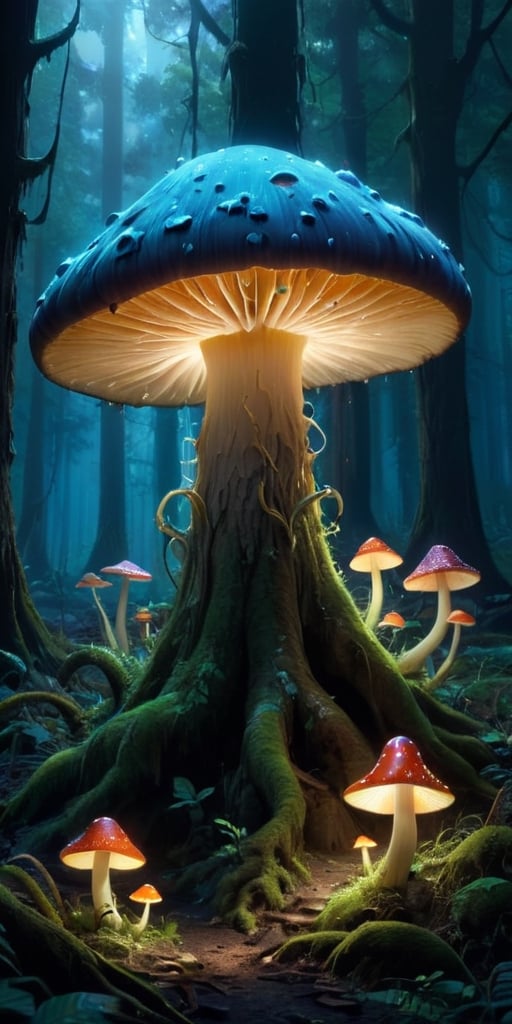  A dense, primeval forest bathed in the otherworldly light of a bioluminescent mushroom grove. The air hums with a strange energy, and the ground is carpeted with vibrant fungi of all shapes and sizes.A colossal, lumbering creature resembling a monstrous mushroom, its cap dotted with glowing spores. Glowing tendrils sprout from its body, reaching out to snare unsuspecting prey. A single, petrified animal lies at the monster's feet, its form frozen in a silent scream.,monster