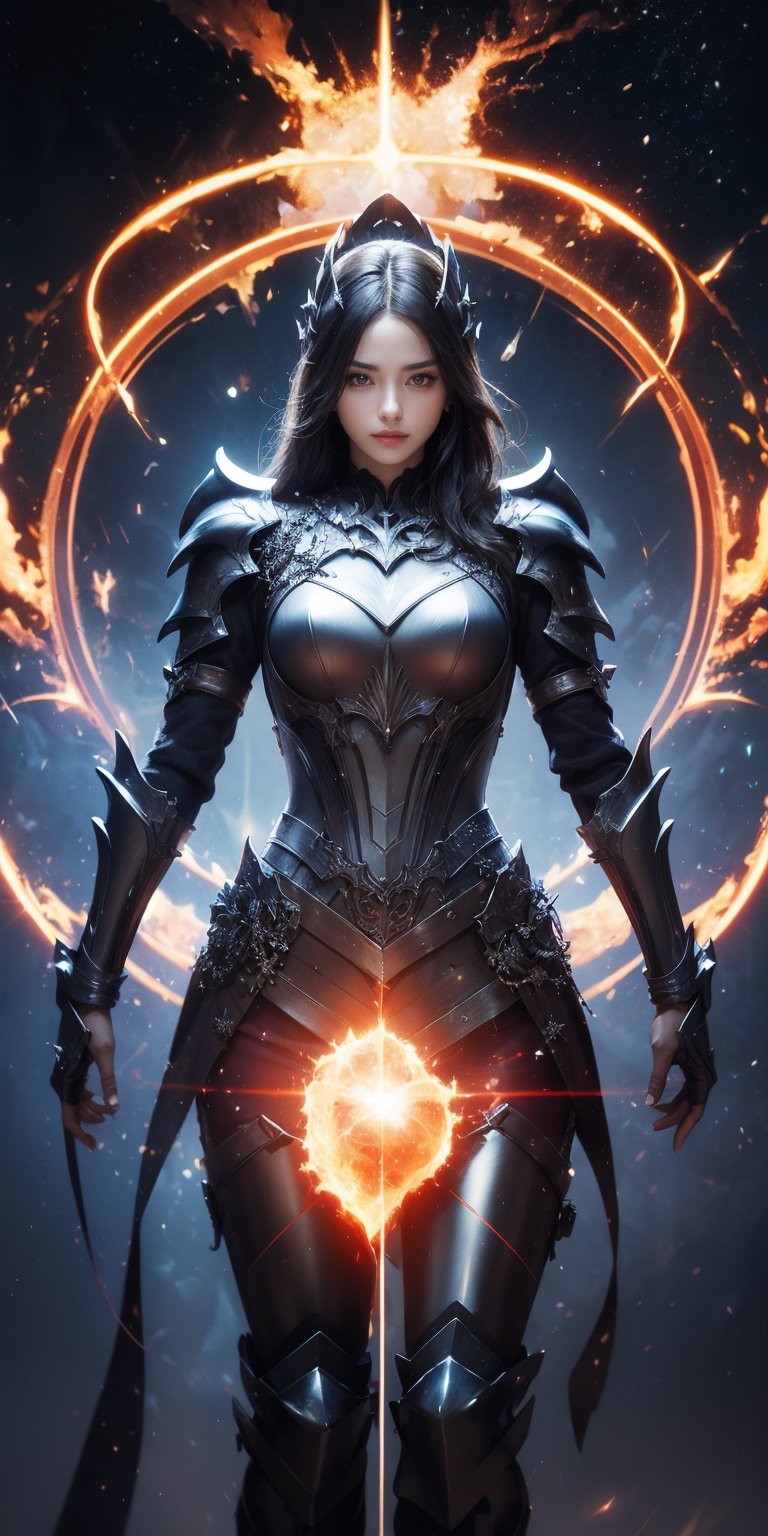 Celestial warrior A fierce and determined woman, clad in armor made of stardust and meteoric iron, wielding a sword forged in the heart of a supernova, ready to defend the cosmos.
