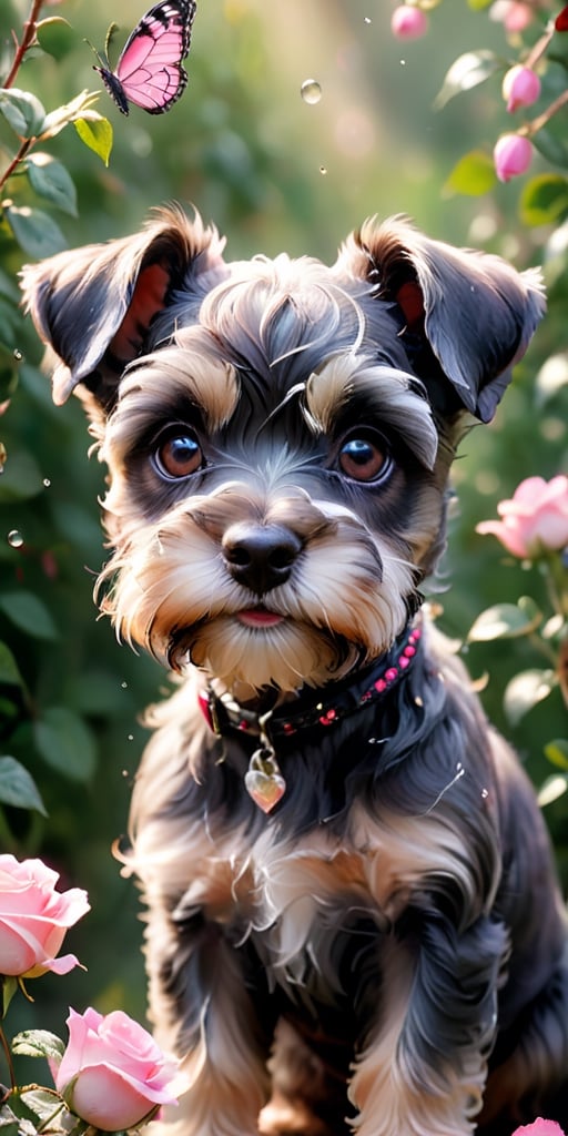 A close-up image of a Schnauzer puppy's face, framed by its wiry fur. The puppy's eyes sparkle with mischief as it fixates on a delicate pink butterfly fluttering in front of a rose bush. Dewdrops glisten on the rose petals, adding to the scene's charm.
