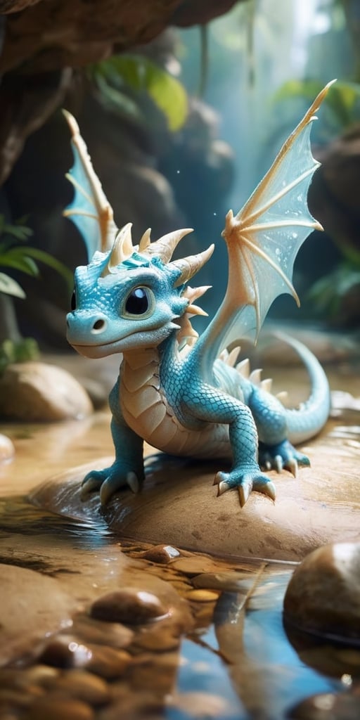 Within a tranquil oasis in the heart of a desert, a baby dragon with shimmering white scales basks in the cool, refreshing waters. Its wings, adorned with delicate patterns that shimmer like desert mirages, create a mesmerizing display of light and shadow as they gently fan the air. The dragon's presence seems to bring life to the barren landscape, as tiny sprouts emerge from the parched earth, symbolizing its connection to the rejuvenating power of water and the resilience of nature.
