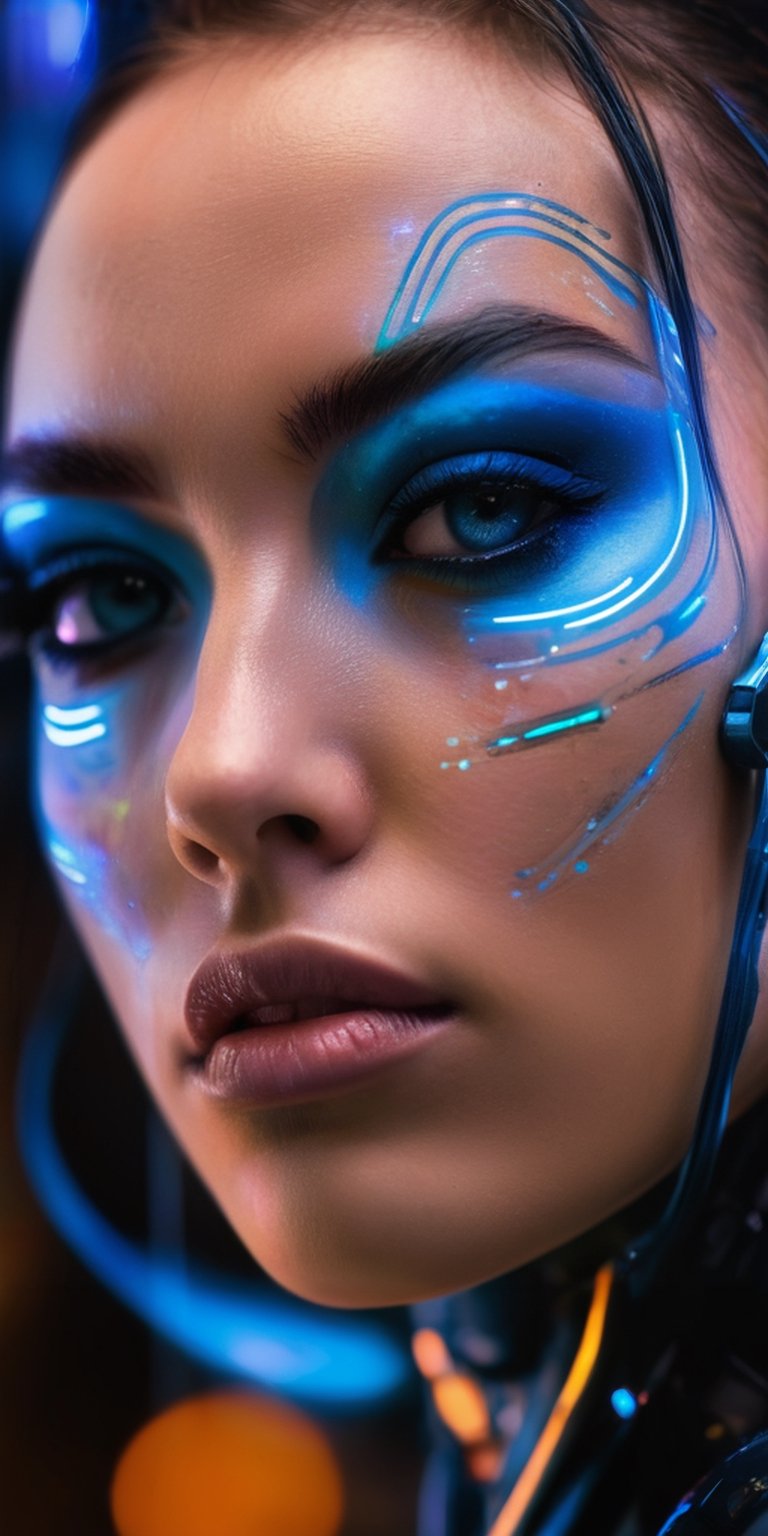 A close-up portrait of a woman with cybernetic enhancements, glowing blue lines tracing patterns across her cheekbone. Her expression is one of quiet strength. The background is a dark, metallic cityscape.
 
