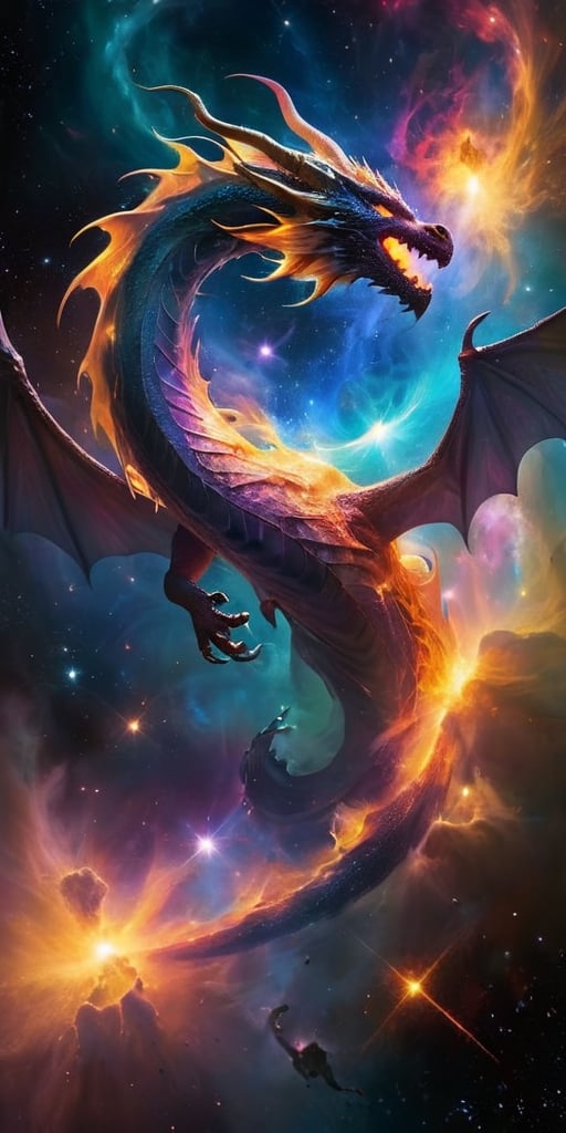 A dragon of living nebulae, its body a swirling mass of gases and dust, lit from within by the light of newborn stars. It moves with a slow, deliberate grace through a dense nebula, its form constantly shifting and changing as it absorbs and emits the energies of the cosmic cloud around it.
