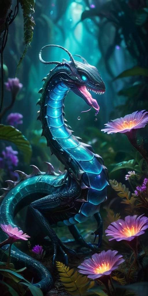 A colossal, serpentine creature with iridescent scales and glowing spines undulates through a field of bioluminescent flowers on an alien planet. Its forked tongue flickers as it samples the exotic flora, its bioluminescence pulsing in sync with the flowers' rhythmic glow.
