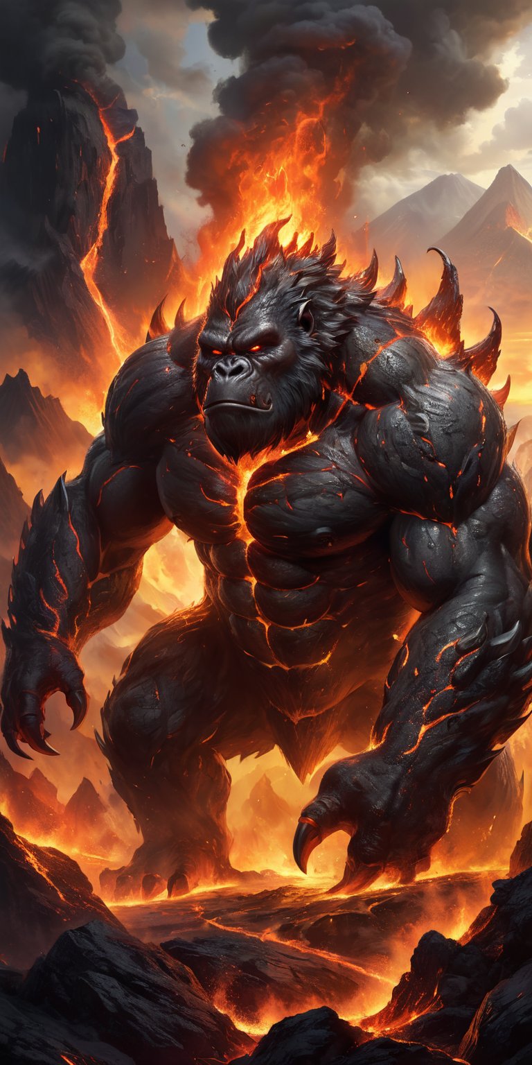 Infernal Behemoth A hulking creature with the body of a gorilla and the head of a dragon, with flames flickering from its nostrils and mouth. Its skin is charred and cracked, revealing molten lava beneath. Its massive hands end in claws that can crush rock. The scene is set in a volcanic landscape, with rivers of lava and erupting geysers.
