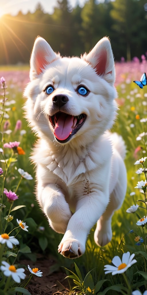 A Siberian husky puppy with piercing blue eyes and fluffy white fur, its playful energy boundless, bounds through a field of wildflowers, chasing a brightly colored butterfly. The puppy's pink tongue flops out in joyful exertion as it leaps and pounces, its soft fur catching the sunlight in a burst of white. The butterfly, with wings of vibrant orange and black, flits just out of reach, leading the energetic pup on a merry chase through the summer meadow.
