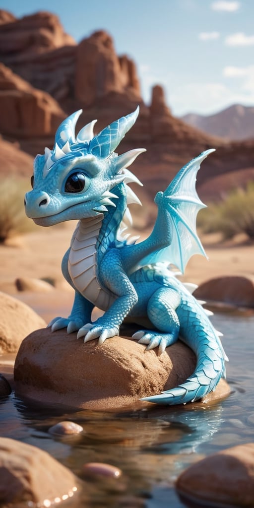 Within a tranquil oasis in the heart of a desert, a baby dragon with shimmering white scales basks in the cool, refreshing waters. Its wings, adorned with delicate patterns that shimmer like desert mirages, create a mesmerizing display of light and shadow as they gently fan the air. The dragon's presence seems to bring life to the barren landscape, as tiny sprouts emerge from the parched earth, symbolizing its connection to the rejuvenating power of water and the resilience of nature.
