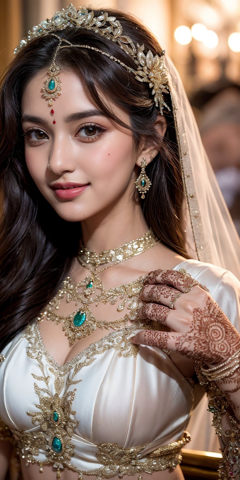 Bridal Radiance A close-up portrait of an Indian bride, showcasing elaborate bridal jewelry, henna-adorned hands, and a stunning lehenga, with a radiant smile.
